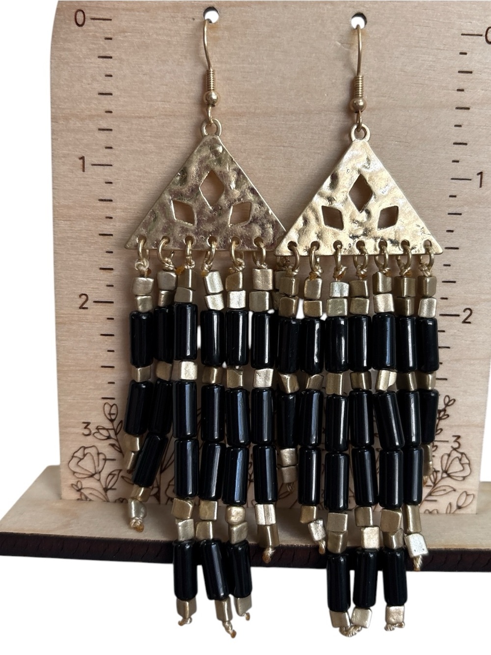 Matte Gold-Tone Black Beaded Fringe Drop Earrings - Women Jewelry - Picture 3 of 3